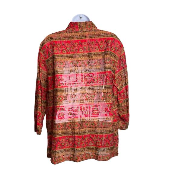 Coldwater Creek Red Aztec Print Sheer Button Up Top Size 1X Statement Boho Flowy - Picture 2 of 11